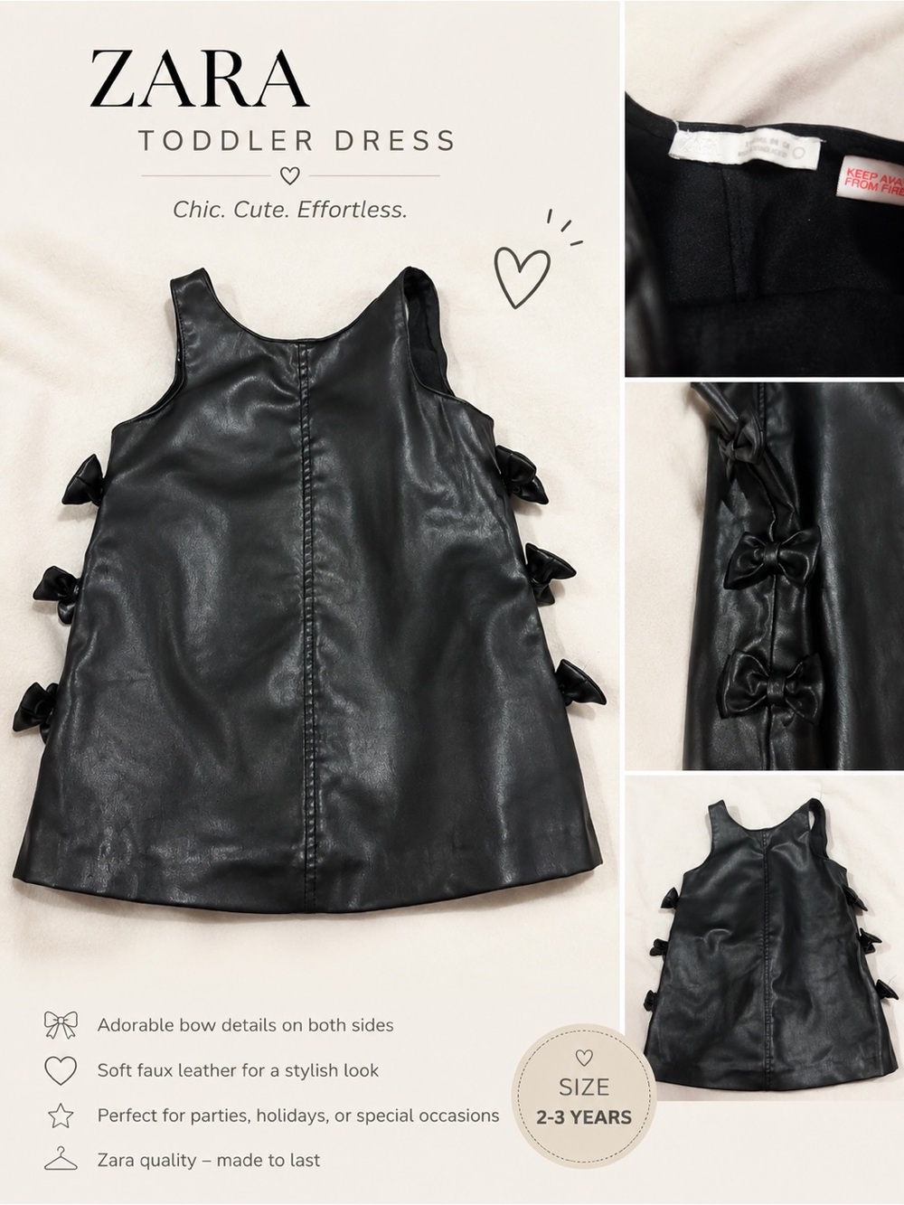 Zara Faux Leather Bow Detail Toddler Dress | Black | Size 2–3 Years